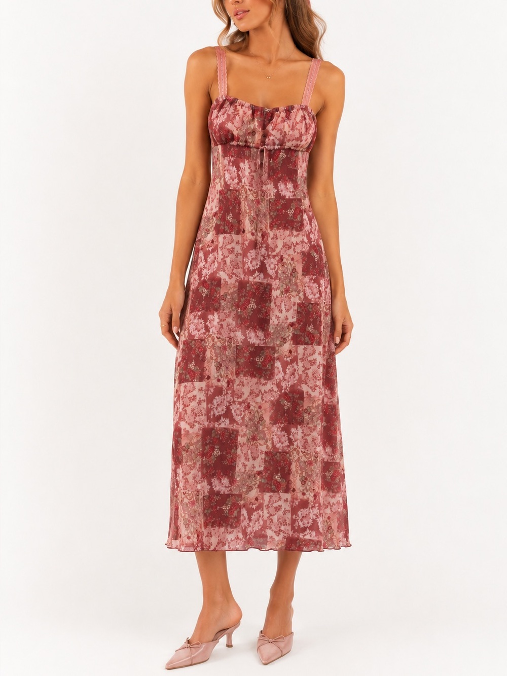 Vintage ARAMA Pink Floral Patchwork Slip Dress Lace Strap Cottagecore Size Small - Picture 1 of 12